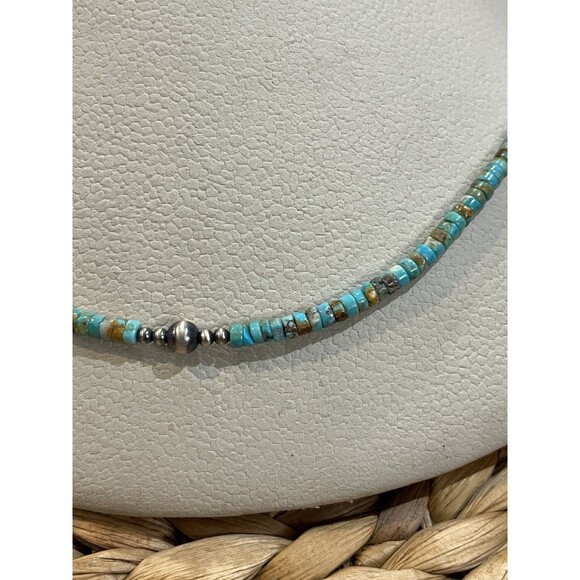 Green Turquoise Stabilized 6mm Heishi Navajo Pearls Sterling Silver Necklace - Picture 2 of 7